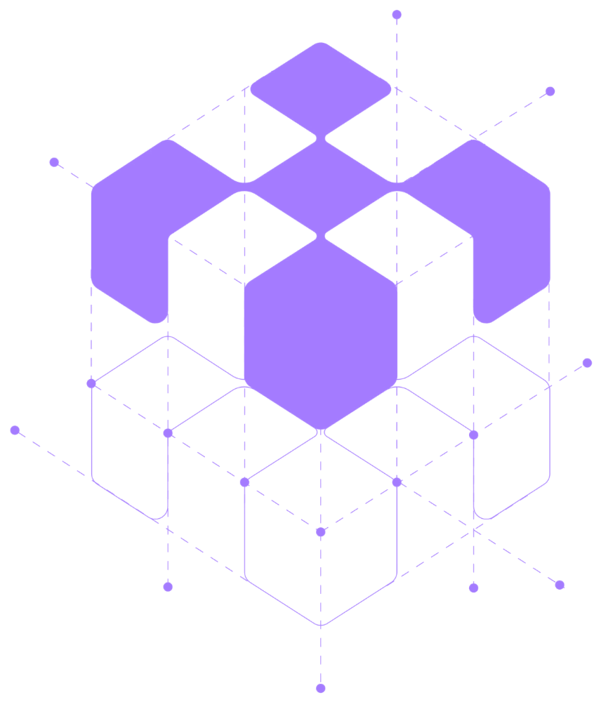 El símbolo de RubikSoft sobre la retícula del cubo Rubik del que es un fragmento